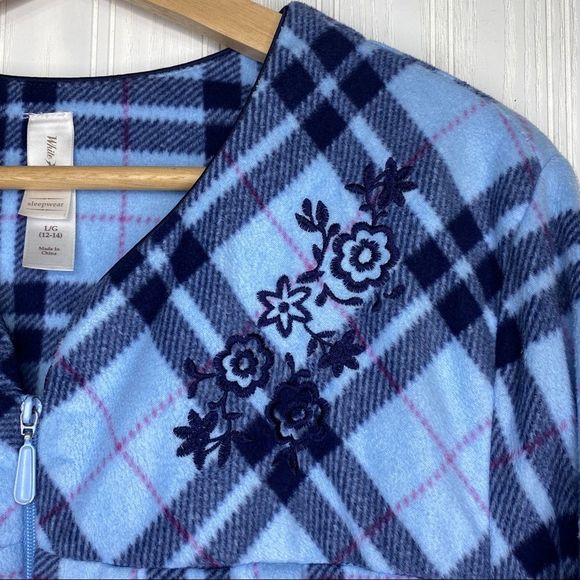 Blue Plaid Fleece Zip Up Embroidered Robe/Night Dress with Pockets Size Large - Picture 3 of 12